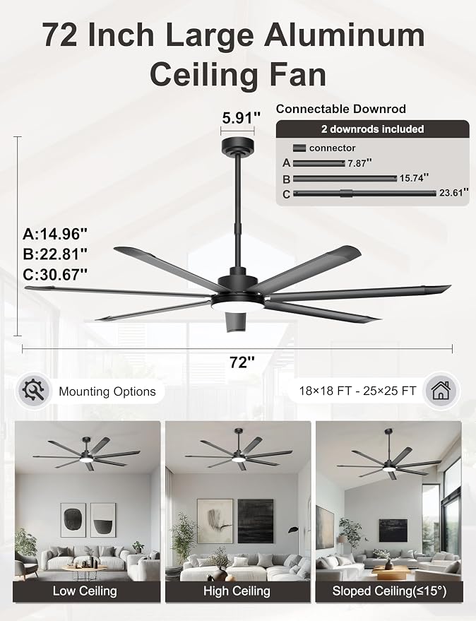 Ohniyou 72'' Industrial Ceiling Fan with Light for Patio, Garage, Black | 8000 CFM Airflow, 35dB DC Motor, 7 Aluminum Blades, 3CCT Dimming, Remote/APP Control, Covered Outdoor Metal Fan
