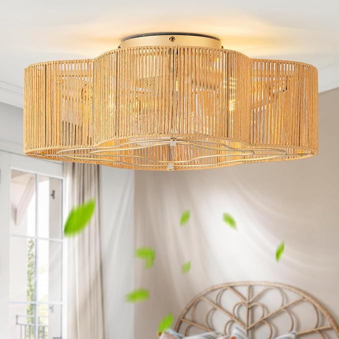 20" Boho Ceiling Fan with Light, Rattan Caged Flush Mount Ceiling Fan with Light Remote Control, Enclosed with 6 Speeds for Bedroom, Living Room, Foyer, Nursery