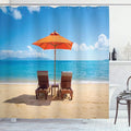 Ambesonne Coastal Shower Curtain, 2 Chairs and Caribbean Sea Under Umbrella Wedding Celebrations, Cloth Fabric Bathroom Decor Set with Hooks, 69" W x 75" L, Sand Brown Sky Blue
