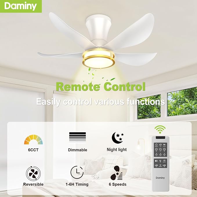 DAMINY 30 Inch White and Gold 5 Blade Ceiling Fan with Light, Modern Ceiling Fan with Remote,Large Airflow,Flush Mount,6CCT,Dimmable,Noiseless,Bedroom