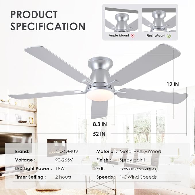52 Inch Ceiling Fans with Lights and Remote, Flush Mount, Silver | Low Profile, Dimmable LED, Reversible, Quiet DC Motor, Wooden Blades, for Modern Apartment Bedroom Home Office Living Room