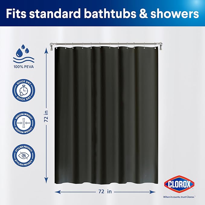 Clorox Shower Curtain Liner, Premium Medium Weight Flexible Waterproof 6g PEVA for Bathroom with Weighted Magnets, Standard Size 72" x 72", Black 1 Pack