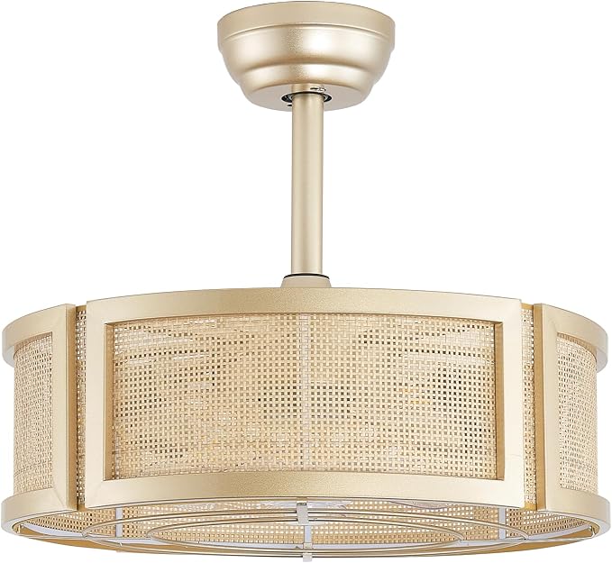 20" Boho Ceiling Fans with Lights, Rattan Fandelier Ceiling Fan with Light Remote Control with Caged 6 Speeds for Bedroom, Nursery, Living Room (Gold)