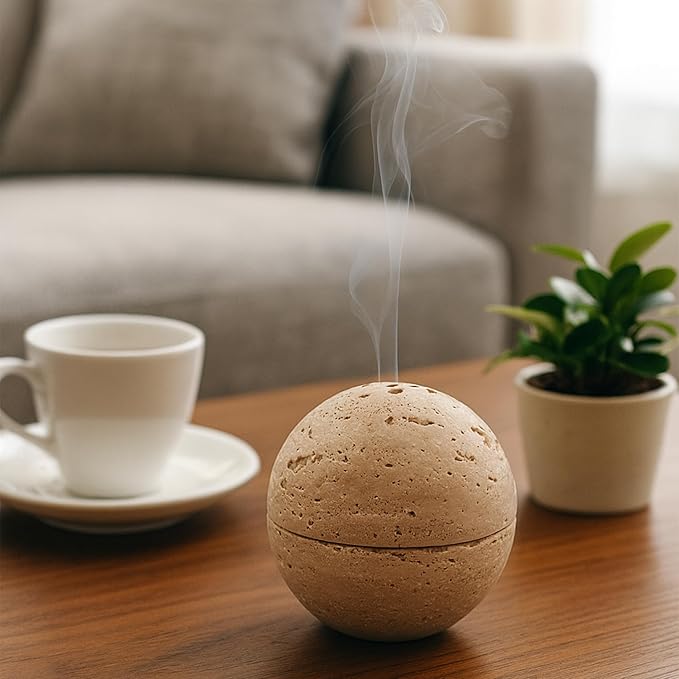 Natural Stone Sphere Incense Holder: 4" D Hand-Carved Aromatherapy Burner for Yoga, Meditation & Relaxation, Elegant Multi-Hole Design, Beige Travertine