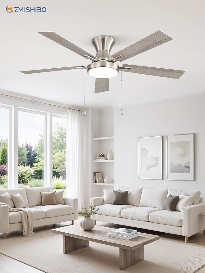 ZMISHIBO Ceiling Fans with Lights, Low Profile Ceiling Fan with Pull Chain and Remote Control, Flush Mount, Reversible, Dimmable, Noiseless, White Pull Cord Ceiling Fan for Bedroom(52inch Nickel)