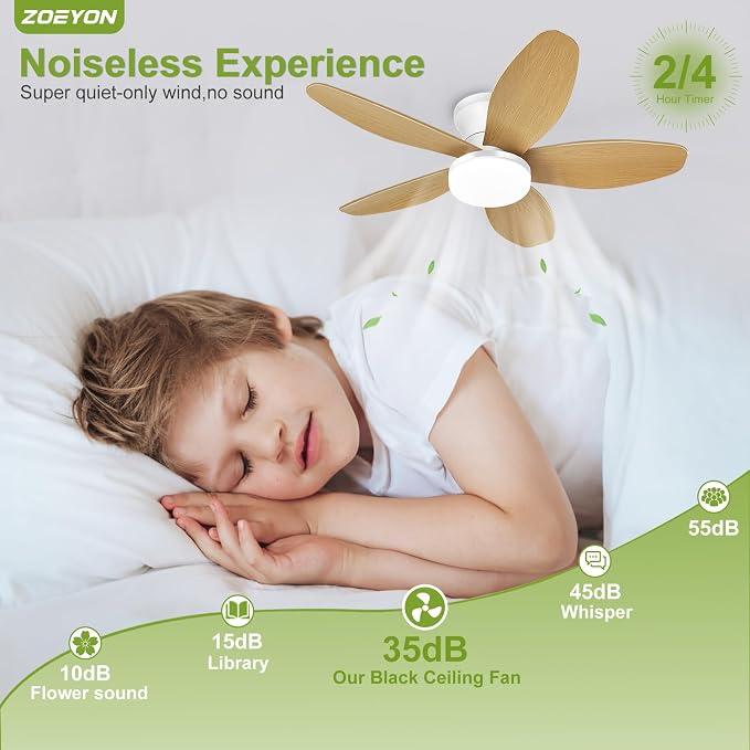 Small Ceiling Fan with Light - 35 Inch Flush Mount Ceiling Fan with Lights and Remote, Low Profile Ceiling Fans with 5 Reversible Blades, 6 Wind Speeds, White&Wood Ceiling Fans for Bedroom