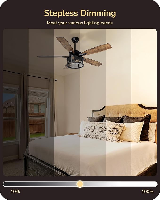 EDISHINE 52" Farmhouse Ceiling Fans with Lights and Remote, 10%-100% Dimmable, 5 Wooden Blades Lighting & Ceiling Fans with Timer, 6 Speeds Reversible DC Motor for Living Room Bedroom, Burnt Wood