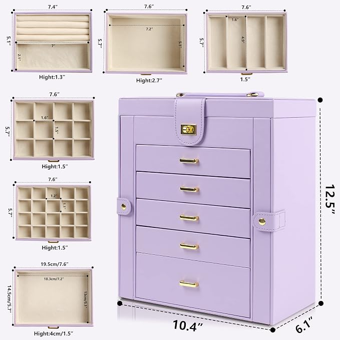 AKOZLIN 6-Tier Jewelry Box Organizer Functional 5 Drawers Leather Jewelry Storage Case for Women Girls Ring Necklace Earring Bracelet Holder Organizer with Mirror Violet Large