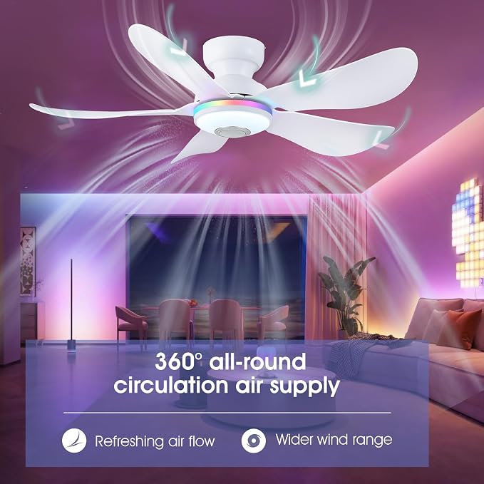 Kviflon 46" Ceiling Fans with RGB Lights Remote/APP Control, Flush Mount, 3 CCT Dimmable White Lights+RGB Ring Lights+Music Player, 5 Reversible Plastic Blades 6 Speeds for Party Bar, White