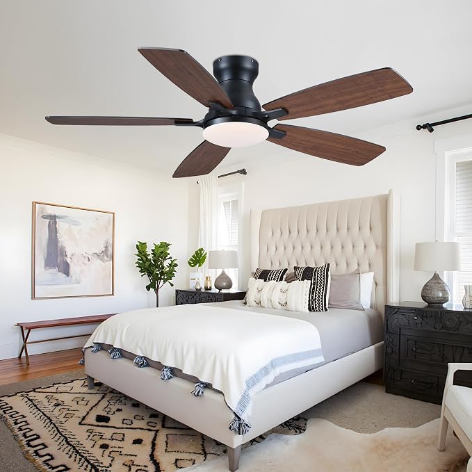 JSAITEE 46 Inch Low Profile Flush Mount Ceiling Fan with Lights, Brown | 46In Flush Mount Ceiling Fan with 3CCT Dimmable, 6 Wind Speeds and Timing, Low Profile Fan for Modern