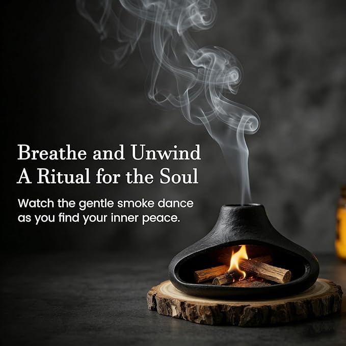 Palo Santo Holder Ceramic Incense Burner - Ash Catcher for Palo-Santo Sticks, Sage Bundles, Incense Cones, Fireplace Style Smudge Bowl for Meditation Yoga Home Decor - Black
