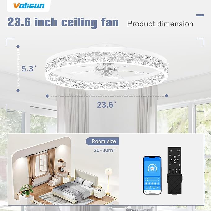 VOLISUN Fandelier Ceiling Fans with Light, 23.6in Low Profile Ceiling Fan with Light and Remote, 3000K-6500K Dimmable Bladeless Ceiling Fan Flush Mount, White Modern Ceiling Fan with Light for Bedroom