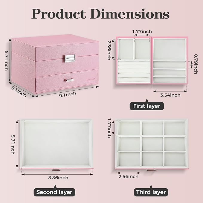 Dajasan Jewelry Organizer Box, Large Jewelry Boxes for Women Girls, Space-Saving 3 Layers Jewelry Storage Case with Drawer, Gift Idea, Movable Metal Stand, Modern (Pink)