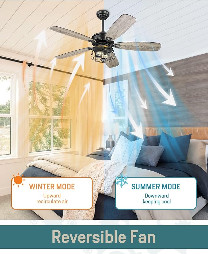 Melkelen Farmhouse Ceiling Fans, 52 Inch Ceiling Fans with Lights and Remote Control, Rustic Barnwood Blades, Industrial Cage Light, Matte Black (MK03-BK)