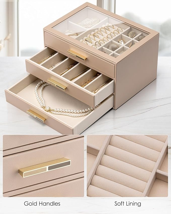 VLANDO 3 Layer Jewelry Box for Women, Glass Lid Jewelry Organizer with 3 Drawers for Necklaces Rings Earrings Bracelets - Toffee