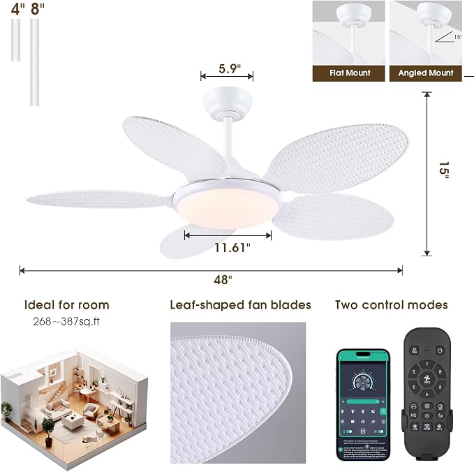 48"White Tropical Style Palm Leaf Ceiling Fans with Lights and Remote & APP | Supports Remote and APP, 6 Wind Speeds, Reversible, Dimmable 3CCT LED, 35W Quiet DC Motor,Suits for Bedroom Kitchen