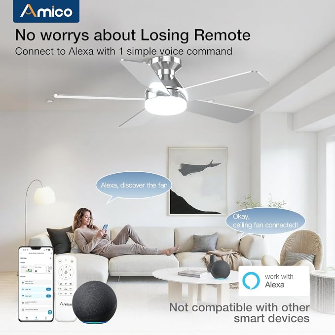 Amico 42 inch Smart Ceiling Fans with Lights, Low Profile Ceiling Fan, Remote/Alexa Voice Control, Flush Mount, Reversible DC Motor, 5 Blades, 6 Speeds, 3CCT, Dimmable, Noiseless, Bedroom, Nickel