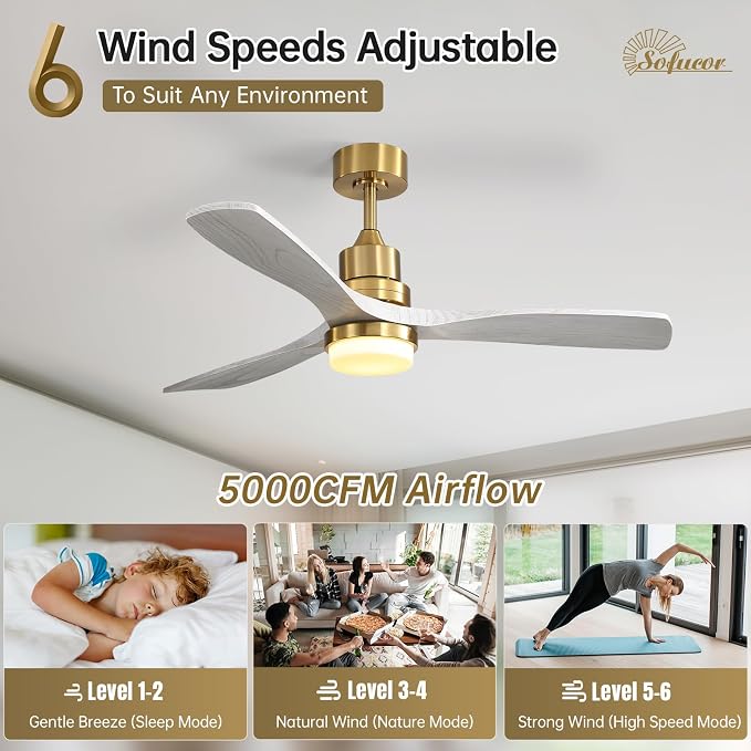 Sofucor 52 Inch Ceiling Fan with Light and Remote - 3 Solid Wood Blades, Quiet DC Motor, 6 Speeds 5000CFM, Dimmable Tri-Color LED with Memory, Timer & Reversible for Living Room Bedroom, ETL, Gold