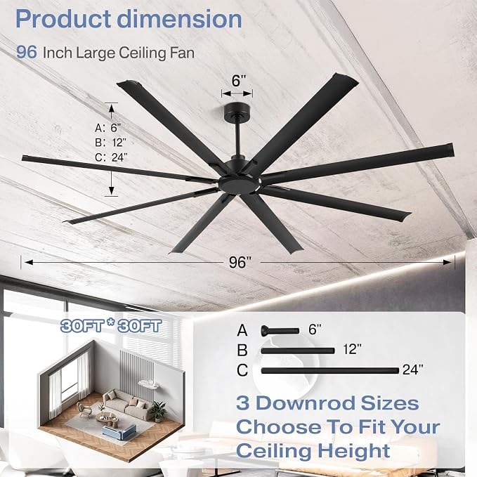 96-inch industrial ceiling fan, 6-speed garage ceiling fan with remote control, 8 aluminum blades, large ceiling fan with a quiet reversible DC motor suitable for garages, gyms, and offices.