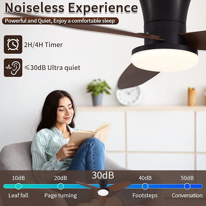 40 inch Ceiling Fan with Lights, Flush Mount with Remote Control | 3 Blades, 6 Speeds, Reversible Quiet DC Motor, Dimmable, 3000-6000K Adjustable, Timer, for Bedroom Dining Room Home Office