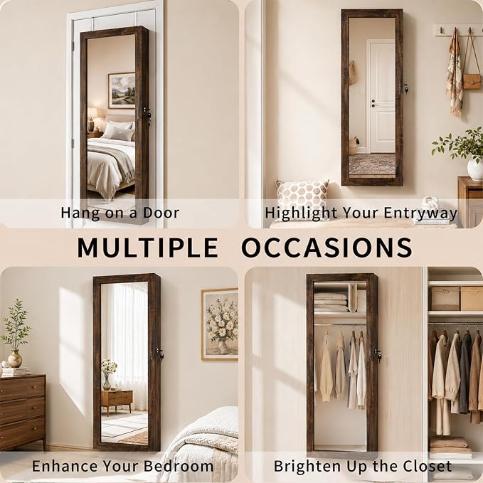 Over the Door Jewelry Organizer, Wall Mounted Jewelry Cabinet, Hanging Mirror with Storage Box, Wall/Door Mounted Full Length Mirror with LED