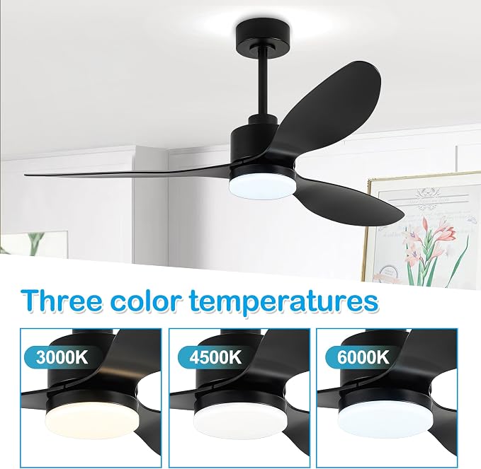 52" Ceiling Fans with Lights and Remote, Quiet DC Motor, 3 Reversible Blades, 6-Speed, Modern Industrial Black Ceiling Fan with 3-Color LED Light Fandelier for Bedroom Living Room