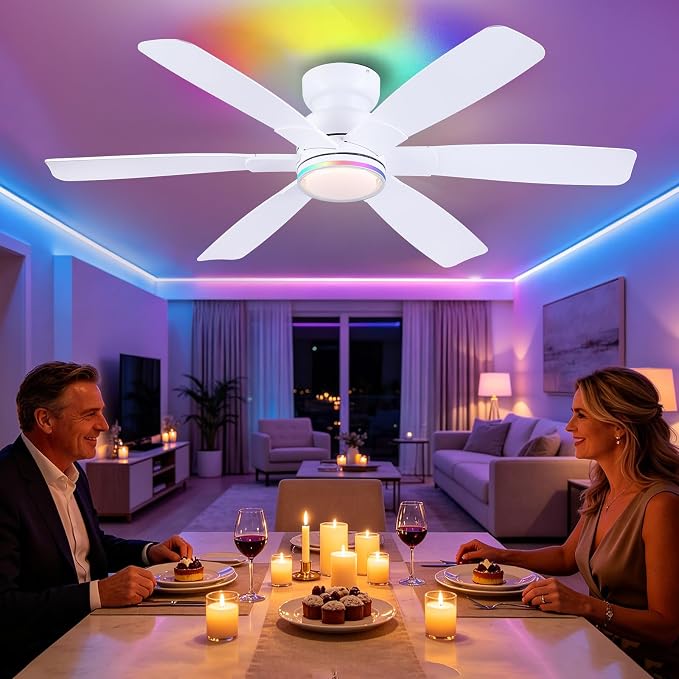 Kviflon 52" Modern Ceiling Fans with RGB Lights Remote/APP Control, Low Profile Flush Mount Ceiling Fan, 6 Reversible Plastic Blades 6 Speeds, RGB + 3 CCT Dimmable Lights for Bedroom Kidsroom, White