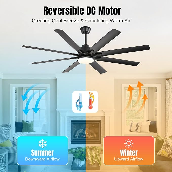 Sofucor 52 Inch Ceiling Fans with Lights, Modern Black Ceiling Fan with Lights and Remote, Reversible Quiet DC Motor, 3 CCT, ABS 8 Blades Indoor/Outdoor Fan Light for Bedroom Living Room Patio