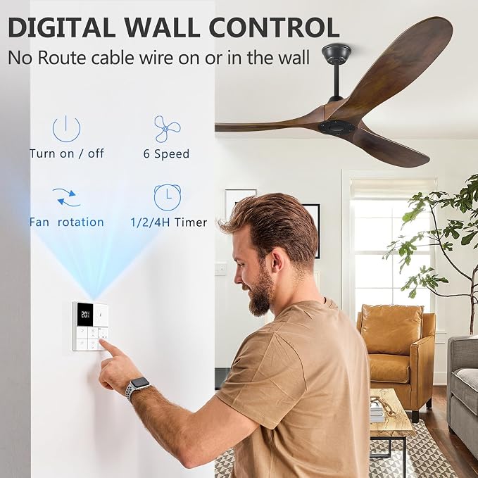 Eliora Ceiling Fan without Light, 60 Inch Wood Ceiling Fan no Light with Remote Wall Switch, Outdoor Fan for Patio, Porch, Bedroom, 6 Speed, Quiet DC Motor, ETL Listed-Deep Walnut