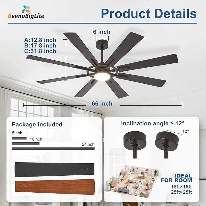 Large Ceiling Fans with Lights: Modern 66 Inch 8 Blade Outdoor Ceiling Fan with Remote APP Control - Dimmable Black Big Fan Light Indoor Reversible 6 Speed Quiet DC Motor