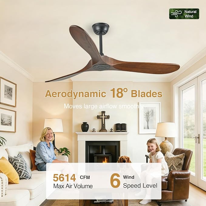 60 Inch Wood Ceiling Fan No Light, 60'' Indoor Outdoor Ceiling Fan without Lights with Remote,High CFM,6 Speeds,3-Blade Reversible ETL DC Motor Fan for Covered Patio Porch Bedroom Living Room, Walnut