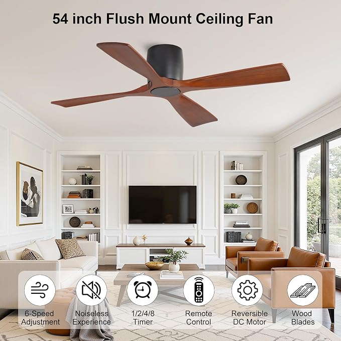 WINGBO 54 Inch Ceiling Fan Without Light, Solid Wood Flush Mount Ceiling Fan with Remote Control, Reversible Quiet DC Motor, 4 Blades, 6-Speed, for Bedroom & Living Room, Matte Black+Walnut