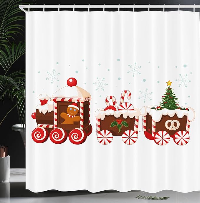 Ambesonne Christmas Shower Curtain, Train with Gingerbread Cream Candy Cartoon Toys Snowflakes Presents, Cloth Fabric Bathroom Decor Set with Hooks, 69" W x 70" L, Red Brown