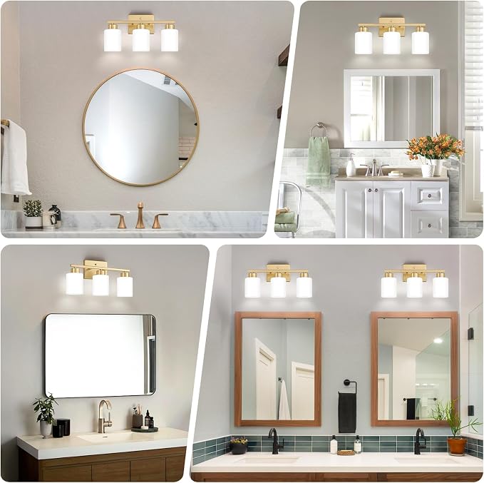 FonmYim Gold Bathroom Light Fixtures, 3-Light Modern Vanity Light Over Mirror, Wall Sconces with Milky White Frosted Glass Shades, E26 Socket (Bulbs Not Included)
