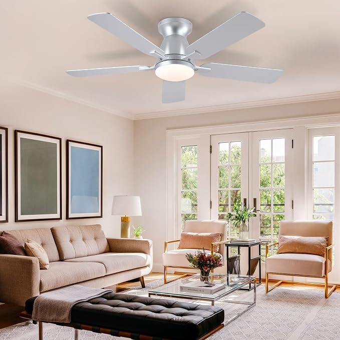 Mpayel 46 Inch Ceiling Fans with Lights and Remote, Silver Ceiling Fan with Light Flush Mount, Low Noise, Reversible, Dimmable, Modern Low Profile Ceiling Fan with Light for Bedroom Indoor Outdoor