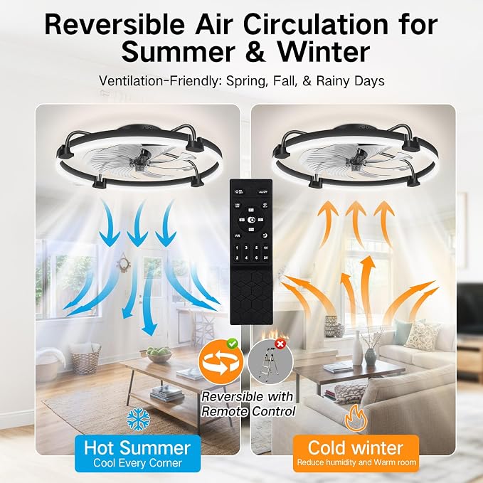 OUTON 24" Ceiling Fan with Light, Remote & App Control, Fandelier Low Profile Flush Mount Ceiling Fan with 3000K-6500K Stepless Dimmable, 6 Speed, Quiet DC Motor, Modern Ceiling Fans for Bedroom Black