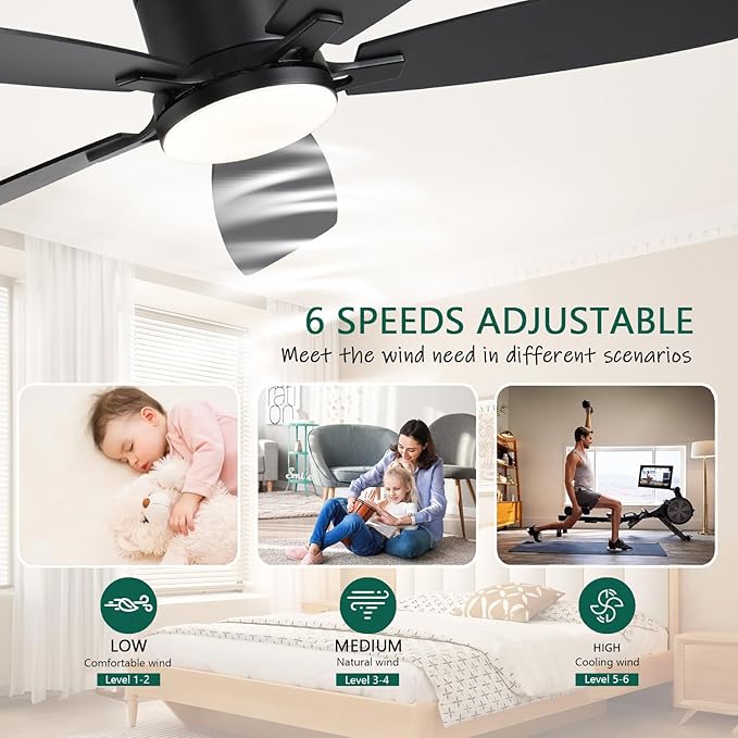 FUMLTP 52inch Ceiling Fans with Lights, Low Profile Ceiling Fan with Light and Remote Control/APP Control, Flush Mount, Reversible DC Motor, Dimmable, Noiseless, Black Ceiling Fan for Bedroom