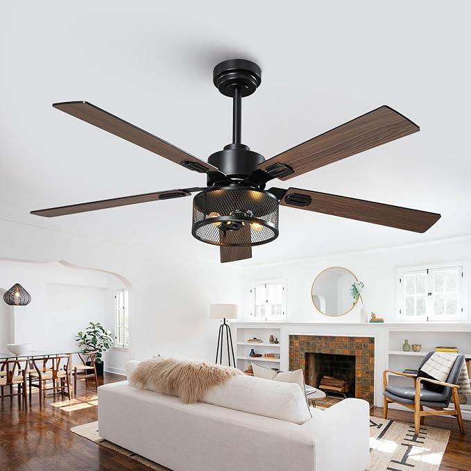 Ceiling Fans with Lights and Remote Control, 52 Inch Farmhouse Ceiling Fan for Living Room, 5 Dual Finish Blades, 6-Speed Adjustable and Reversible DC Motor with Timer & APP Control for Indoor/Outdoor