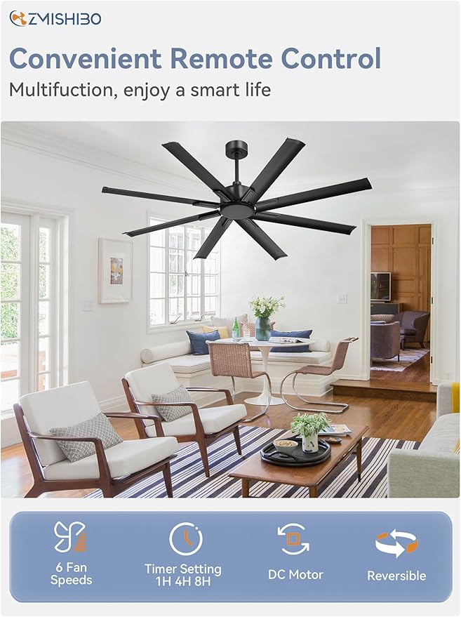 ZMISHIBO 65 Inch No Light, Large Industrial Ceiling Fan with 8 Aluminium Blades, Quiet DC Motor, 6 Speeds, Modern Ceiling Fan without Light for Garage/shop/living room,Black