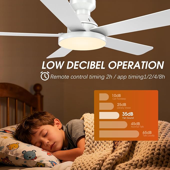 Ceiling Fans with Lights, 46" Low Profile Ceiling Fan with Light, Remote/App Control, Flush Mount Ceiling Fan for Bedroom, Indoor/Outdoor (White)