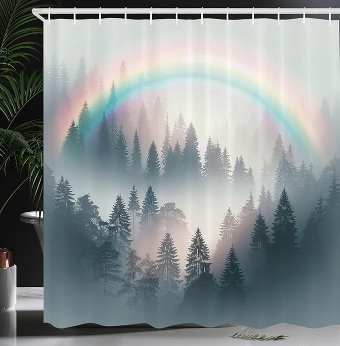 Ambesonne Grey Shower Curtain, Art Delicate Rainbow with Foggy Woods Scenery of Wild Nature Mountains Print, Cloth Fabric Bathroom Decor Set with Hooks, 69" W x 70" L, Multicolor Dark Teal