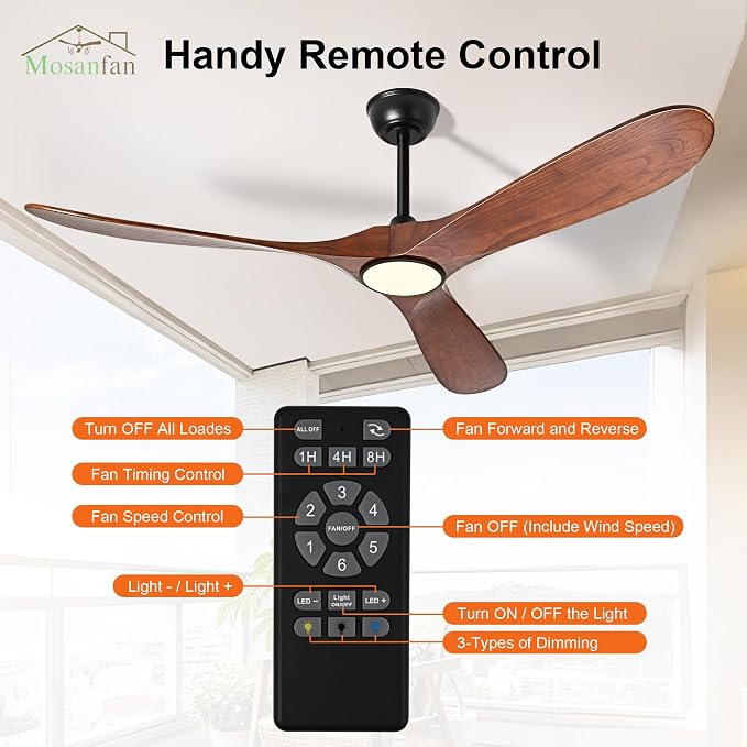 60 Inch Ceiling Fans with Lights and Remote, Wood Outdoor Ceiling Fan with 6 Speed Noiseless DC Motor, Indoor Modern 3 Blade Propeller Ceiling Fan for Bedroom Living Room Gazebo Patio(Walnut)