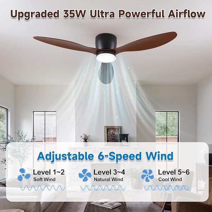 Low-Profile Ceiling Fan with Light - 42 Inch Flush Mount Modern Ceiling Fans with Remote Control/App, Dimmable 3CCT, 35W DC Motor, for Indoor Bedroom Living Room