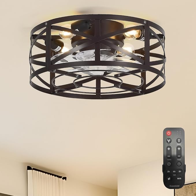 Conciseer 20 Inch Caged Ceiling Fans with Lights and Remote, Flush Mount, Low Profile 7 Blades, 6 Speed Reversible Quiet DC Motor for Bedroom, Kitchen and Living Room, Brown