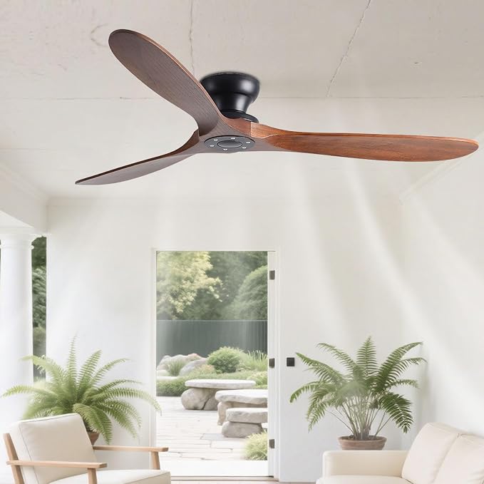 Solid Wood 70in Ceiling Fan Without Lights Flush Mount Ceiling Fans with Remote Control 6 Speeds, Wood Blades Modern Ceiling Fan No Light for Bedroom/Farmhouse/Patio/Indoor