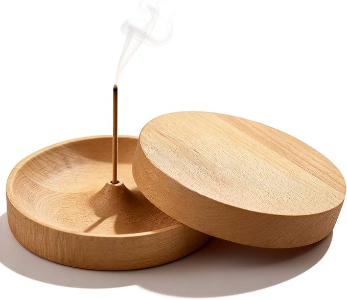 2 Pack Handmade Unpainted Solid Wood Incense Holder with Lid, Windproof Round Stick Incense Burner Ash Catcher, Portable Smooth Minimalist Incense Tray for Home Bedroom Office Yoga Camping Travel