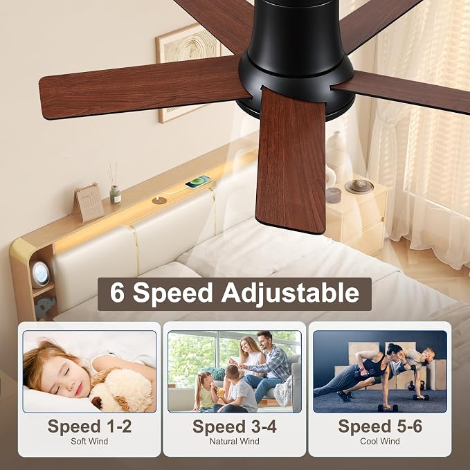 42 Inch Pro Balck Flush Mount Ceiling Fans with Lights and Remote | 3CCT Dimmable LED, 6 Speed, Quiet DC Motor, 3-Level Timer Function, Forward/Reserve For all Seasons, Indoor/Covered Outdoor