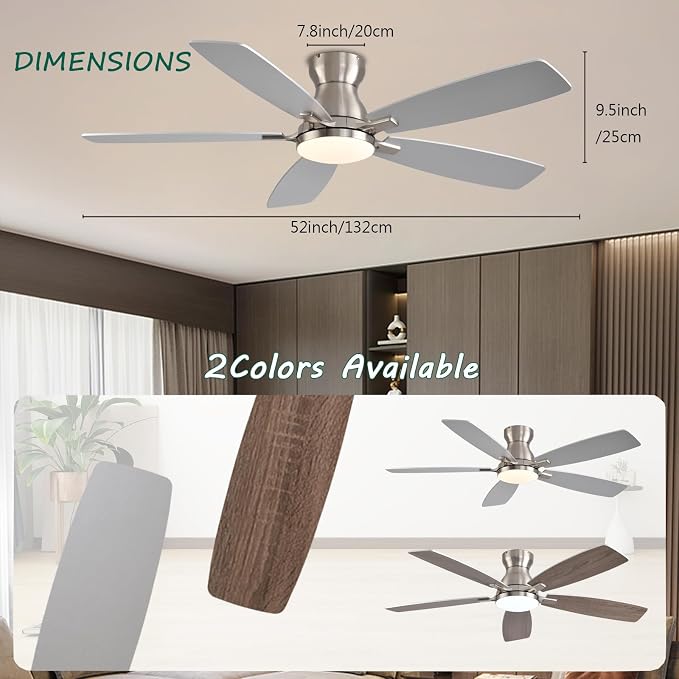 NKPU Ceiling Fans with Lights, Low Profile Ceiling Fan with Light and Remote/APP Control, DC Motor, Noiseless, Flush Mount, 52inch Nickel Ceiling Fan for Bedroom Indoor/Outdoor Use