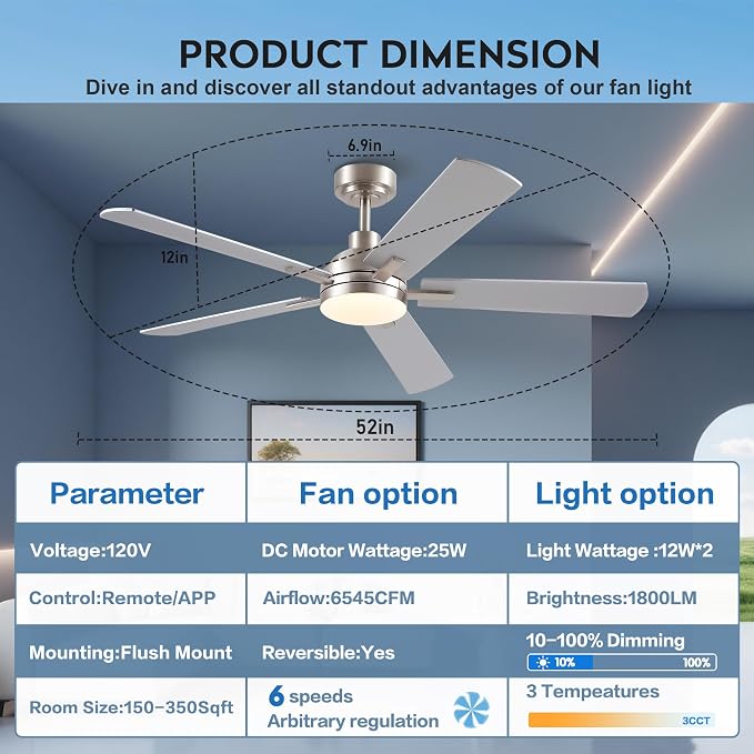 JSAITEE Ceiling Fans with Lights, 52 Inch Low Profile Modern Fan with Light and Remote Control, DC Reversible Motor, Noiseless,3CCT,Dimmable, Nickel 6 Speeds Fan Light for Bedroom Living room