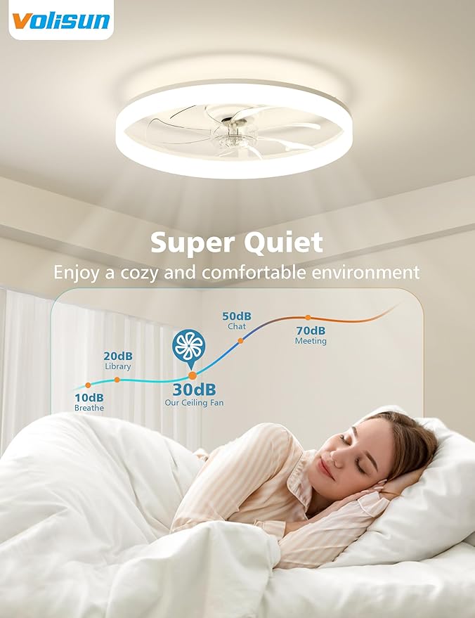 VOLISUN Low Profile Ceiling Fans with Lights and Remote, 24in Fandelier Ceiling Fan with Light, 3000K-6500K Dimmable Bladeless LED Fan Light, White Flush Mount Ceiling Fans with Lights for Bedroom